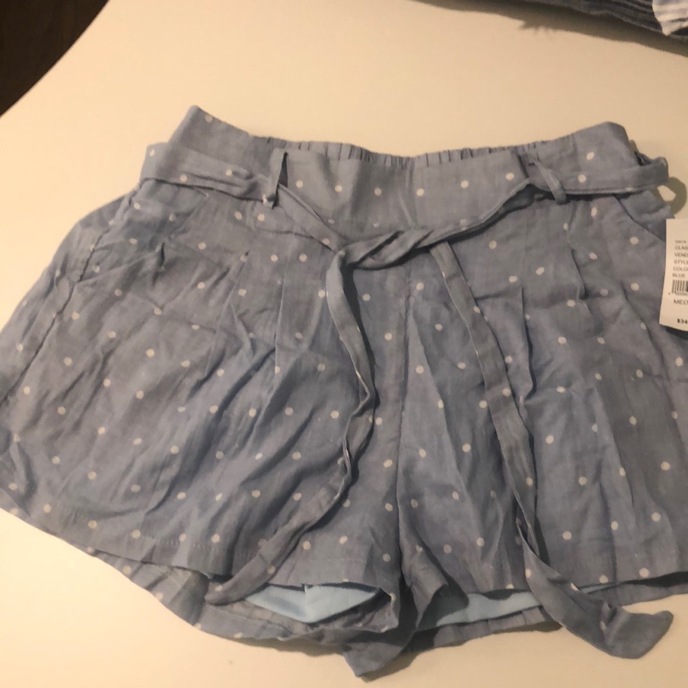 blue paper bag flowy shorts
